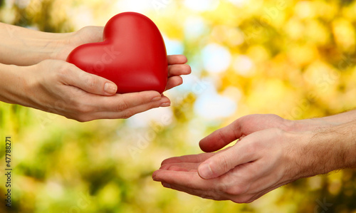 Fotografie Red heart in woman and man hands, on green background