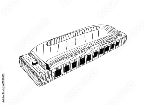 Harmonica in black and white. Hand drawn illustration