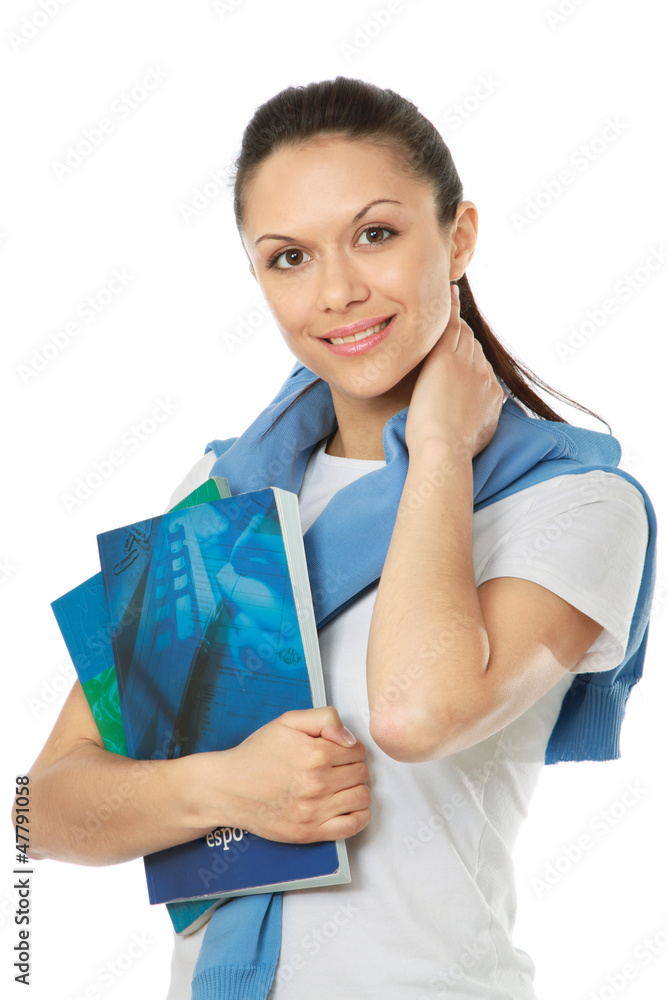 Female student with books, isolated on white background Female student with books, isolated on white background