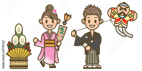 正月 年賀状 着物 遊び 凧揚げ 羽根つき
