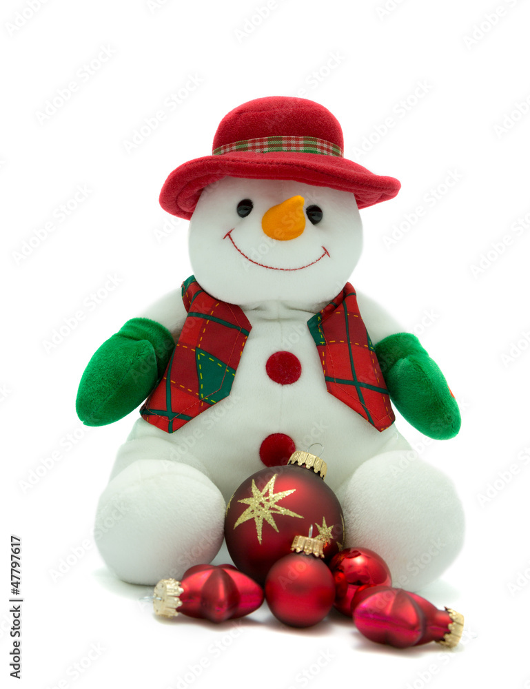 Christmas Snowman with red baubles.