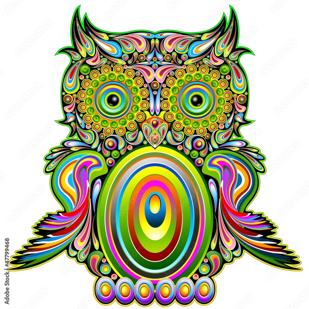 Naklejka premium Sowa Psychedelic Pop Art Design-Owl Psychedelic Dekoracyjna