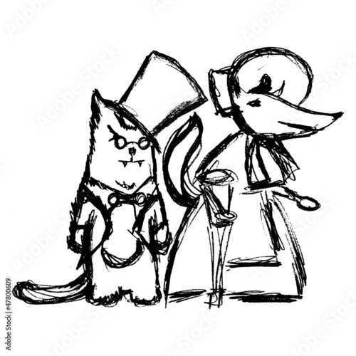 Hand drawn, vector, sketch illustration of the Fox and the Cat