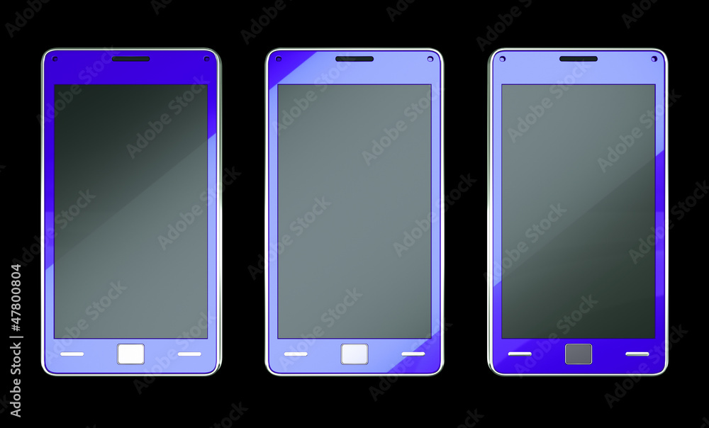 Three smart phones in blue colour over black Three smart phones in blue colour over black