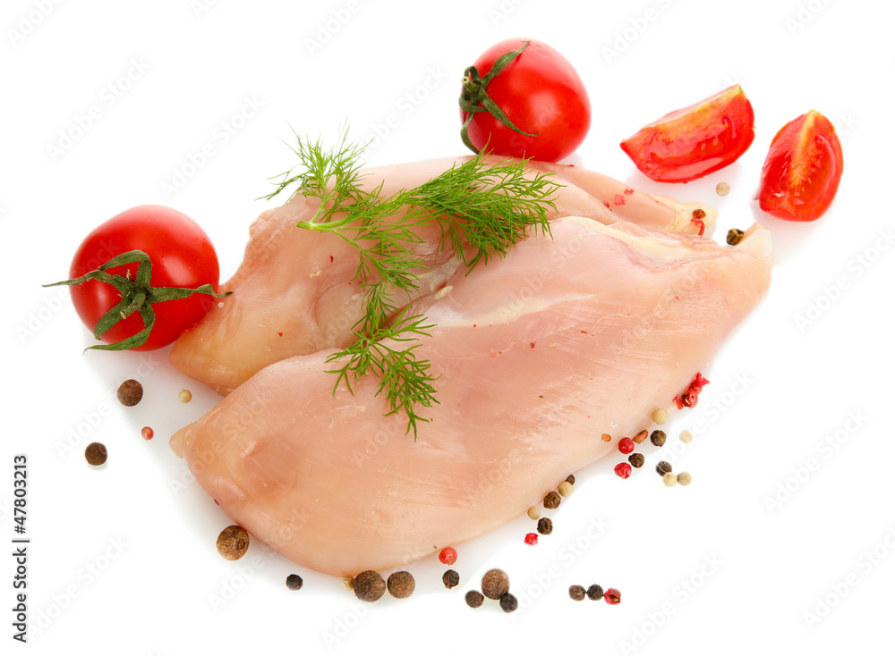 raw chicken meat with spices, isolated on white raw chicken meat with spices, isolated on white