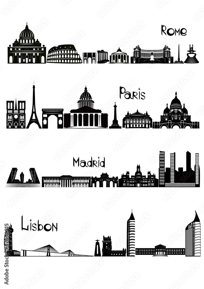 Sights of Rome, Paris, Madrid and Lisbon, b-w vector