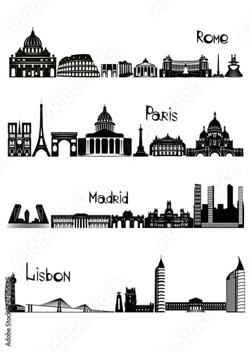 Sights of Rome, Paris, Madrid and Lisbon, b-w vector