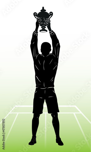 Isolated silhouette of tennis champion and trophy