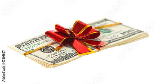 U.S. dollars wrapped by ribbon on white background
