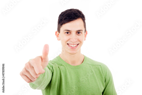 young casual man thumbs up, isolated on white background