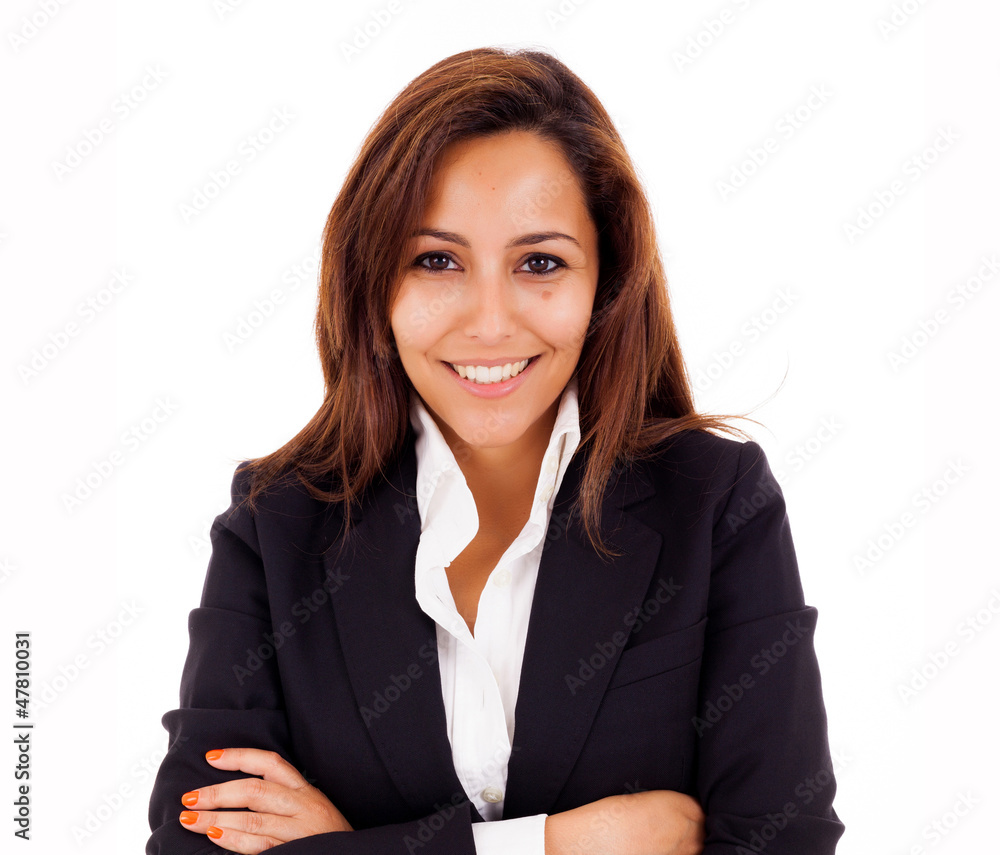 Portrait of a happy young business woman smiling - isolated on w Portrait of a happy young business woman smiling - isolated on w