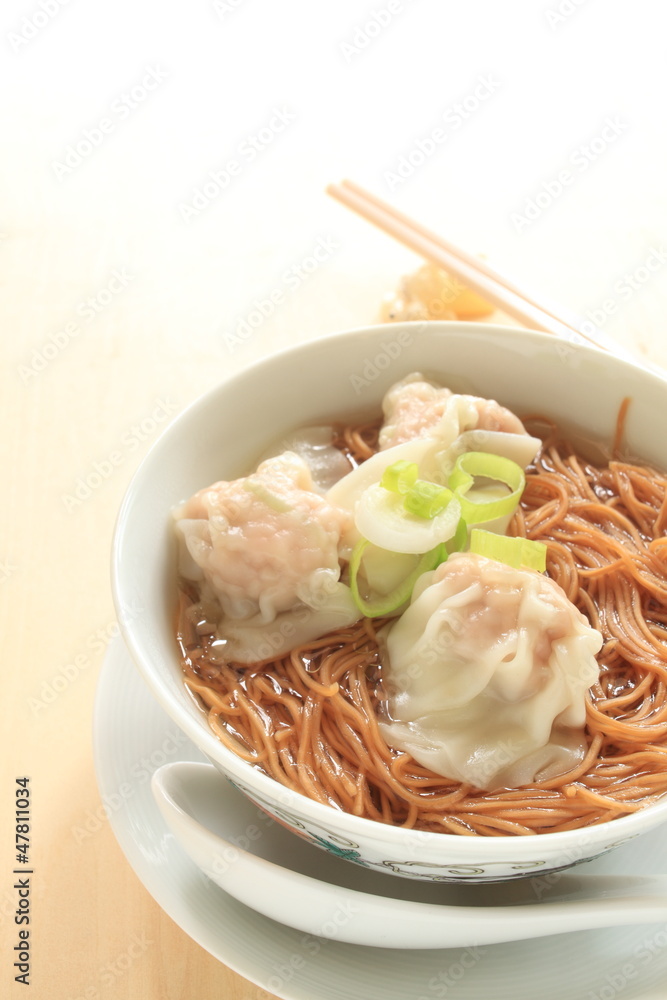 chinese cuisine, wonton noodles with chopsticks from high angle chinese cuisine, wonton noodles with chopsticks from high angle