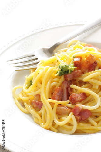italian cuisine, Carbonara spaghetti on white background