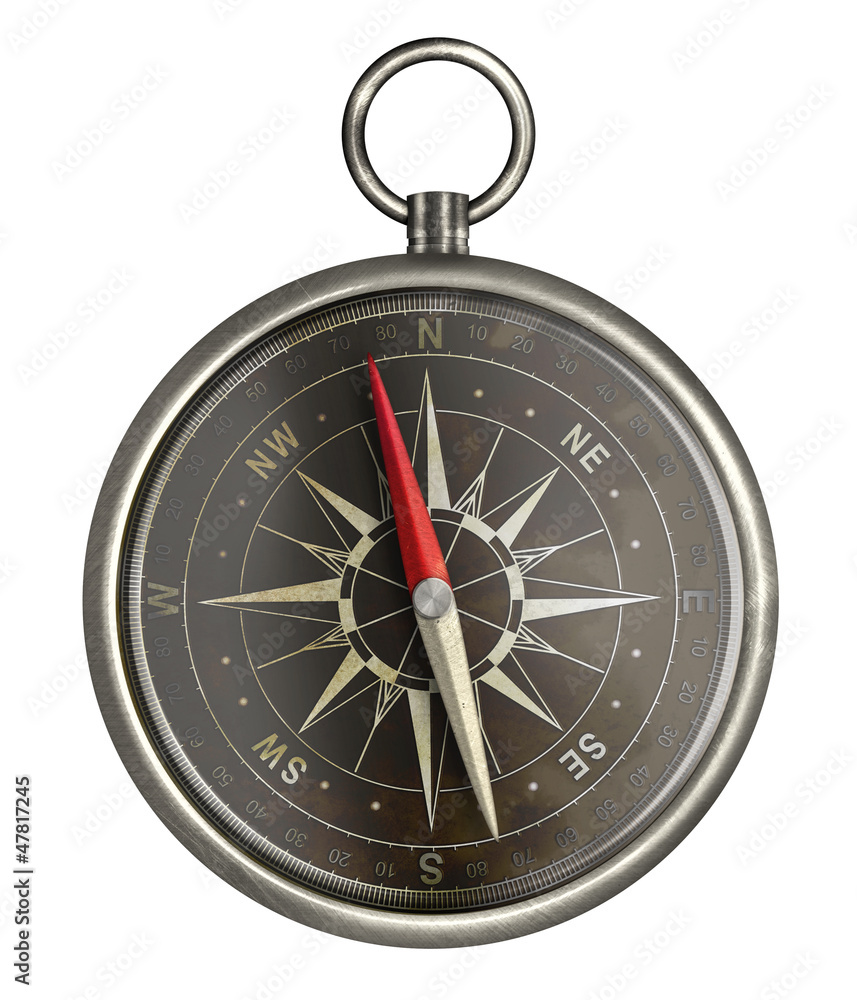 old metal compass with dark face isolated on white old metal compass with dark face isolated on white