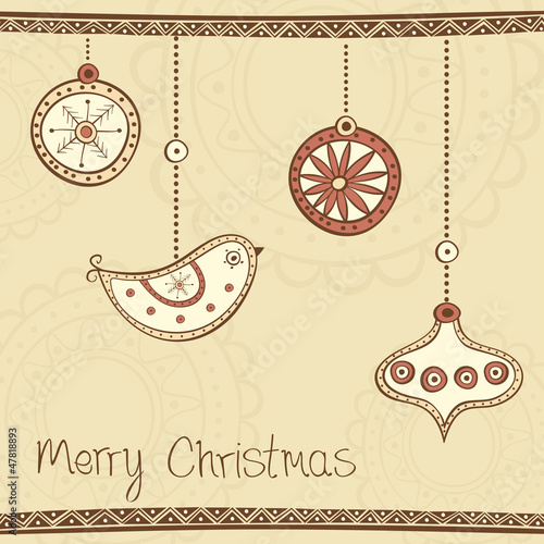 Greeting ard ith hristmas ree ecoration on yellow background