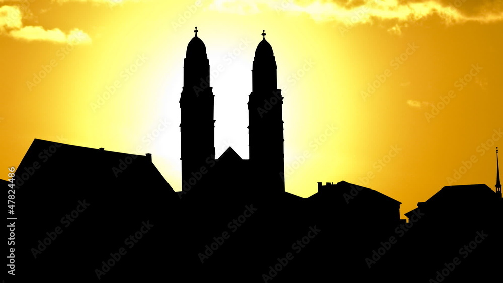 Switzerland Grossmunster in Zurich golden sunset Switzerland Grossmunster in Zurich golden sunset