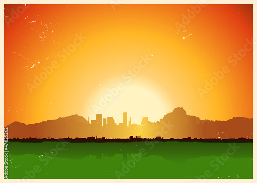 Vintage City In Mountains Landscape
