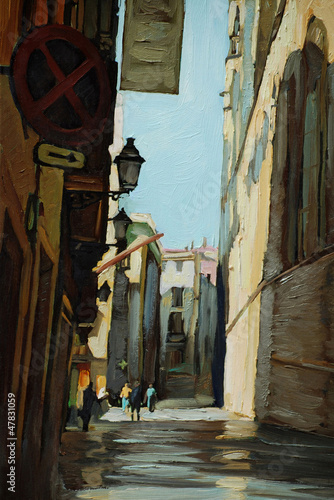 rain in gothic quarter of barcelona. painting by oil on a canvas #47831059