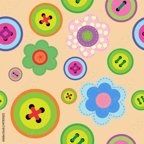 Seamless pattern with flowers and buttons