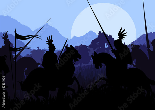 Medieval knight horseman silhouettes