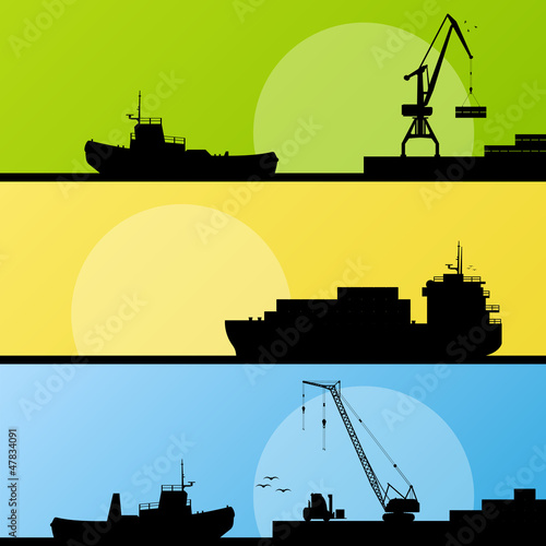 Industrial harbor, ships, transportation and crane seashore land