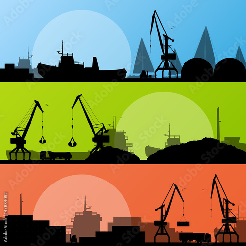 Industrial harbor, ships, transportation and crane seashore land