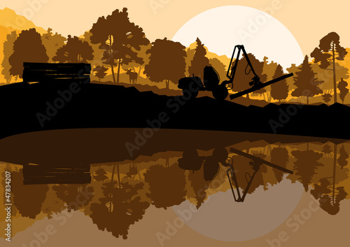 Forestry logger tractor in forest landscape