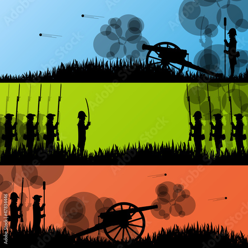 Vintage old civil war battle field warfare soldier troops and ar