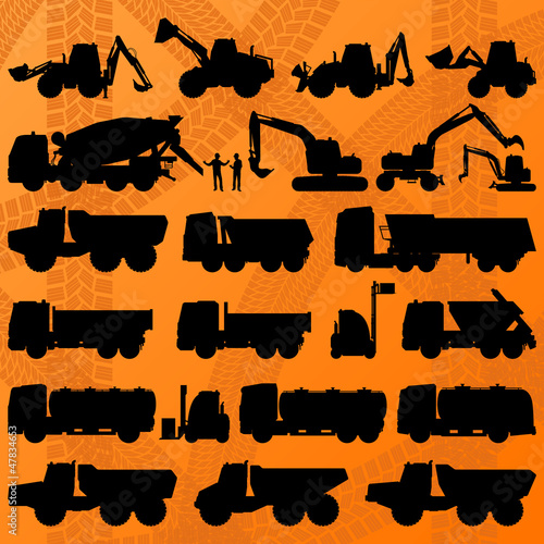 Construction excavator, truck and concrete mixer truck detailed