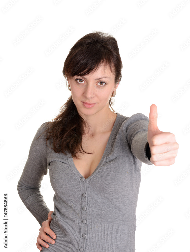 Happy woman with thumbs up - isolated over a white background Happy woman with thumbs up - isolated over a white background