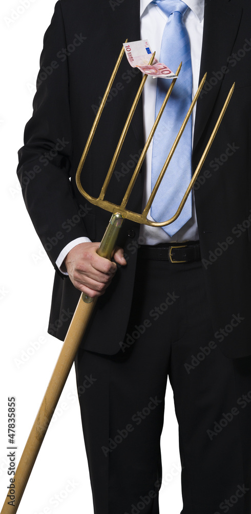 Manager holding an agricultural fork with a euro banknote Manager holding an agricultural fork with a euro banknote