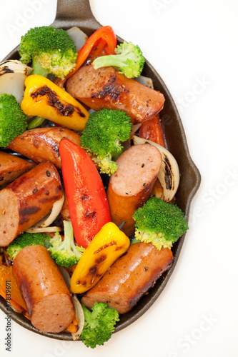 Grilled sausages and vegetables