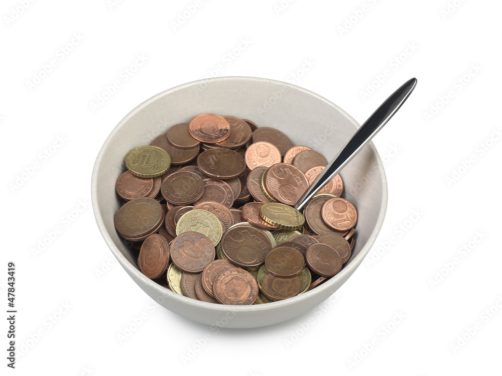 bowl of european money with spoon