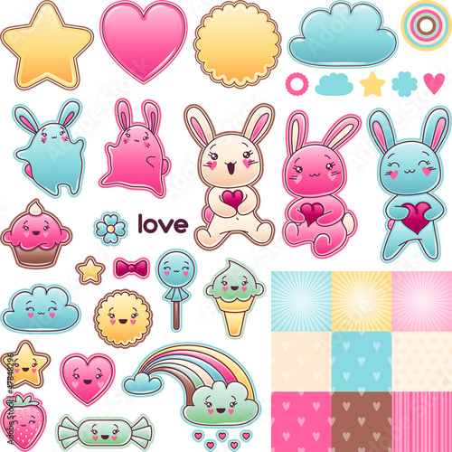 Set of decorative design elements with kawaii doodles.