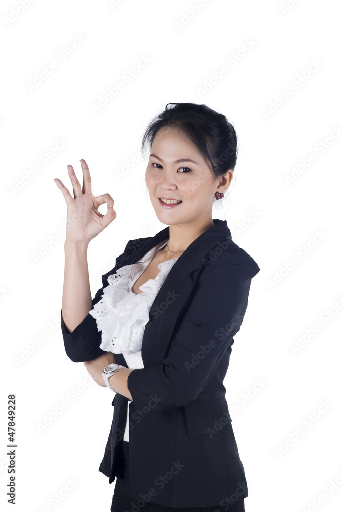 businesswoman indicating OK sign isolated on white background businesswoman indicating OK sign isolated on white background