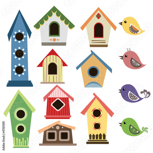 Photo Abstract birdhouse set with birds