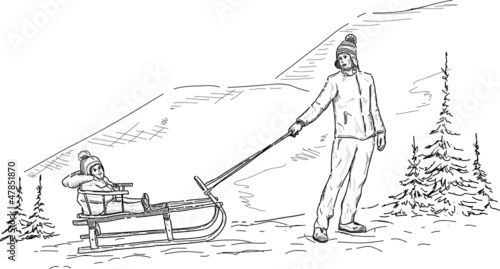 Mother and son sledging