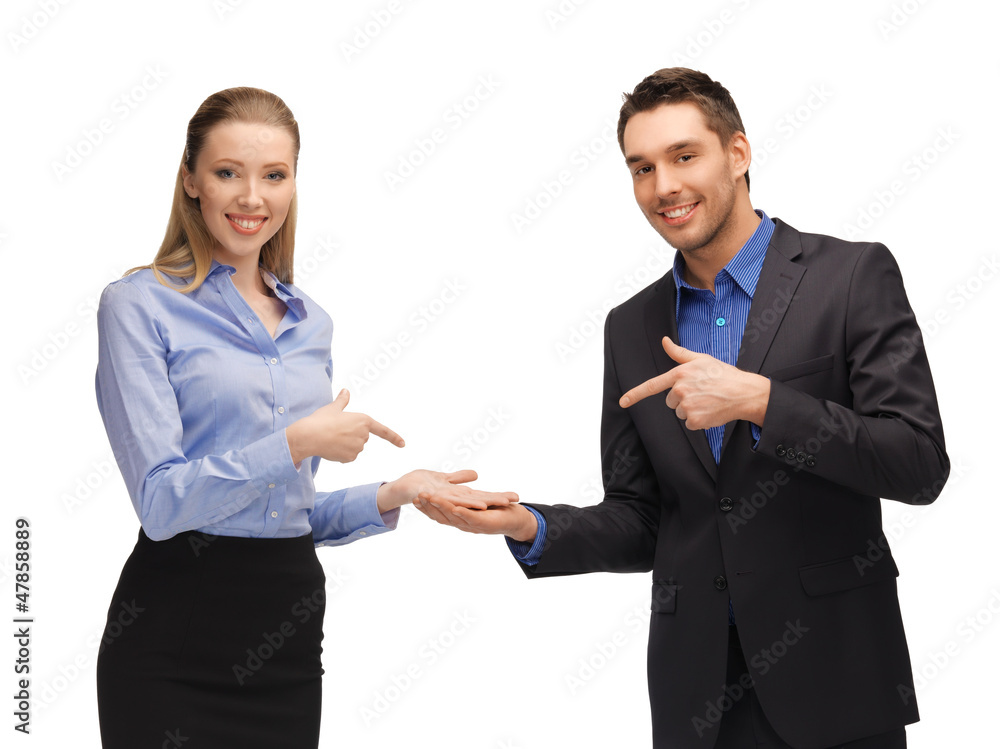 man and woman showing something on the palms man and woman showing something on the palms