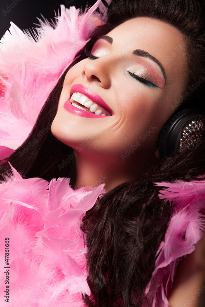 Cheerful Beauty Girl with Pink Feathers Having Fun - Pleasure Cheerful Beauty Girl with Pink Feathers Having Fun - Pleasure