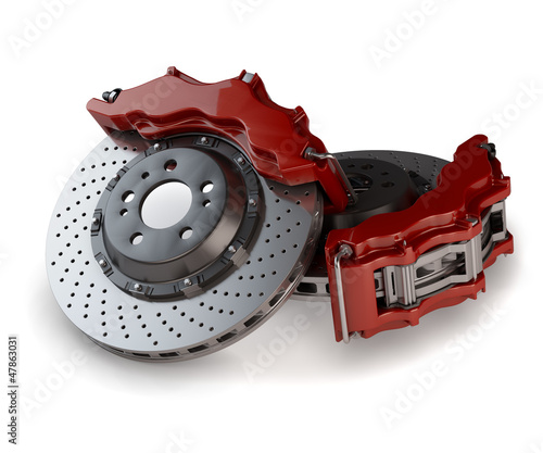 Brake Discs with Red Callipers from a Racing Car isolated on whi