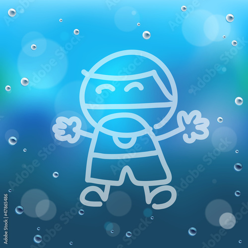 Hand draw cartoon and water drop on glass background.
