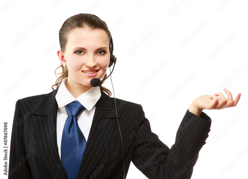 A smiling customer service girl isolated on white background A smiling customer service girl isolated on white background