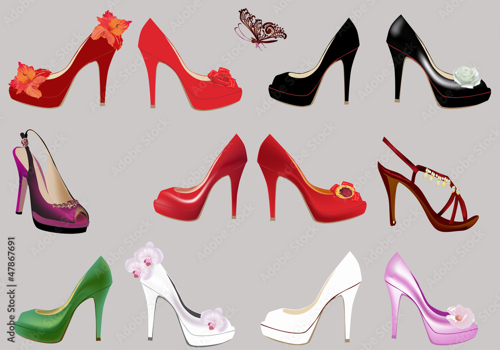 collection of woman shoes isolated on grey collection of woman shoes isolated on grey