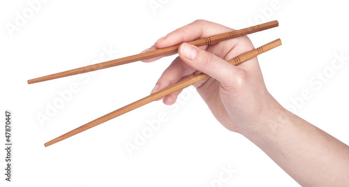 chopsticks with hand on a white background