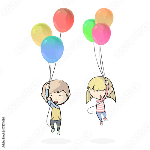 Children flying with balloons in the sky. Vector illustration. 
