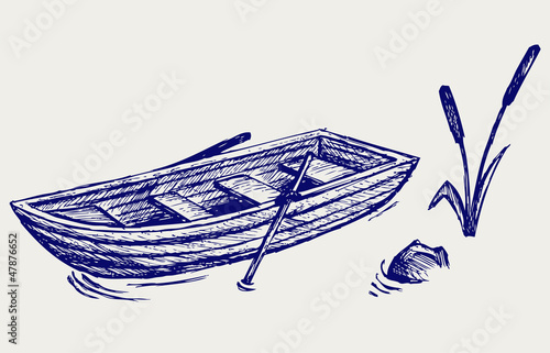Wooden boat with paddles. Doodle style