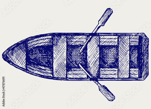 Wooden boat with paddles. Doodle style