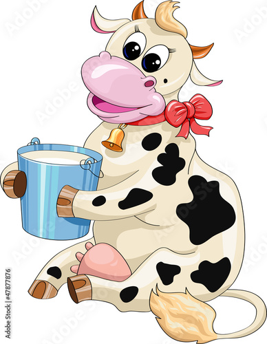 Cartoon spotted cow with a bucket of milk