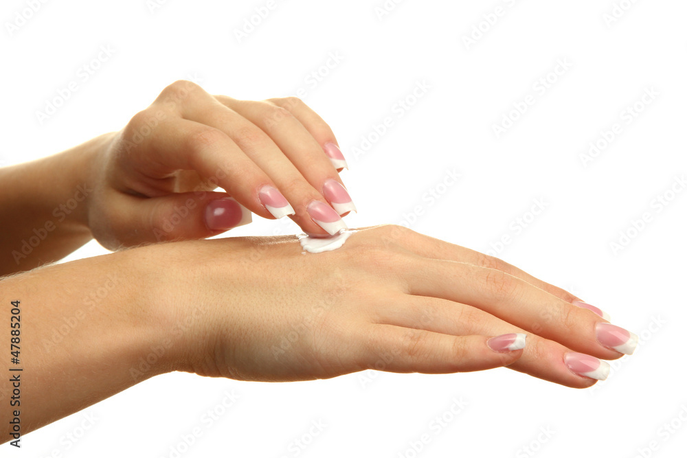 Beautiful woman hands with cream, isolated on white Beautiful woman hands with cream, isolated on white