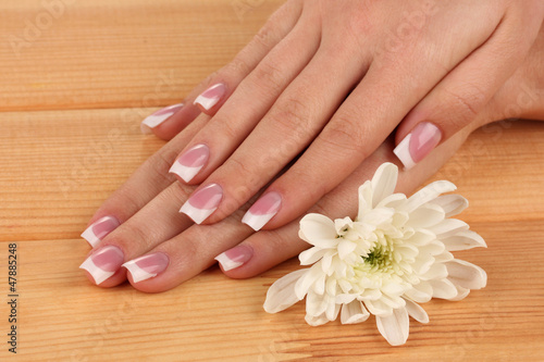 Woman hands with french manicure and flower on wooden
